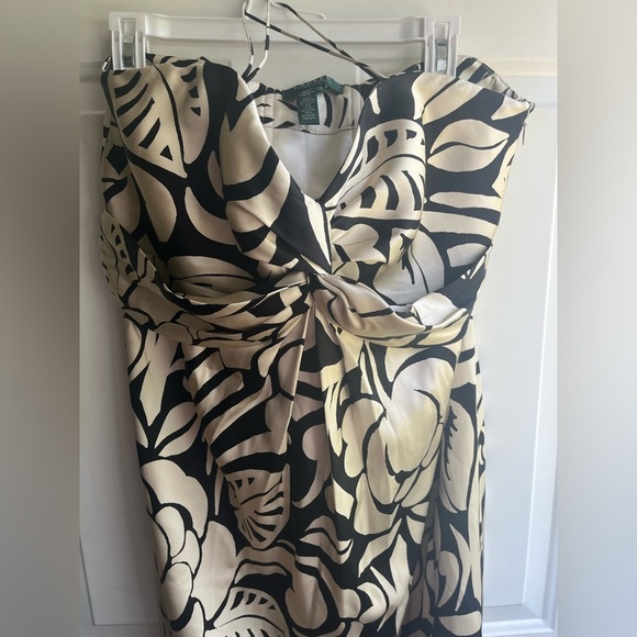 Ralph Lauren Gold and Black Tropical Print 100% Silk Strapless Satin Dress Sz 14 - Picture 2 of 10